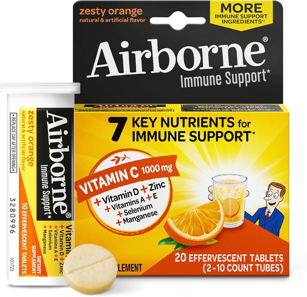Airborne 1000mg Vitamine C avec comprimés effervescents de zinc, supplément de soutien immunitaire avec des antioxydants puissants Vitamines A C & E - 20 comprimés de boisson gazeuse, saveur orange zeste