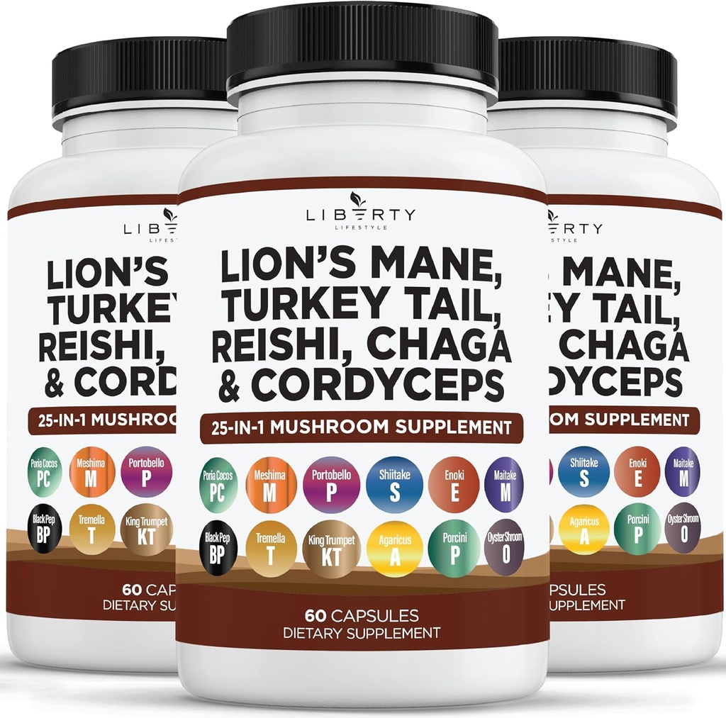 Lions Mane Mushroom Supplement with Turkey Tail Reishi Cordyceps Chaga with Marshmallow Root - 3-Pack