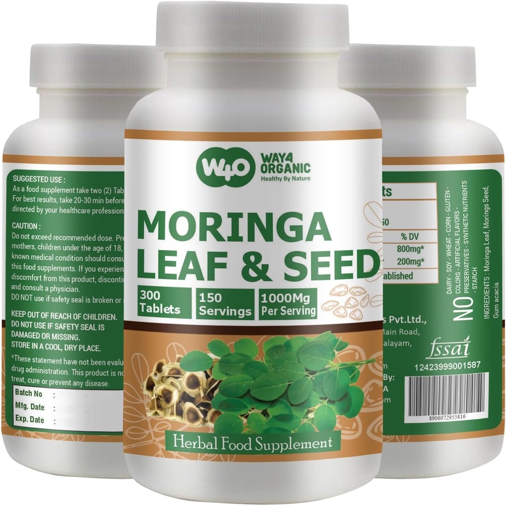 Moringa Oleifera Feuille et poudre de graines (80:20) Ratio 300 Pills(Tablettes), 150 portions, 1000 mg. Supplément à base de plantes malunggay non enrobées, sans revêtement chimique, Superfood vert. Boîte de 1.