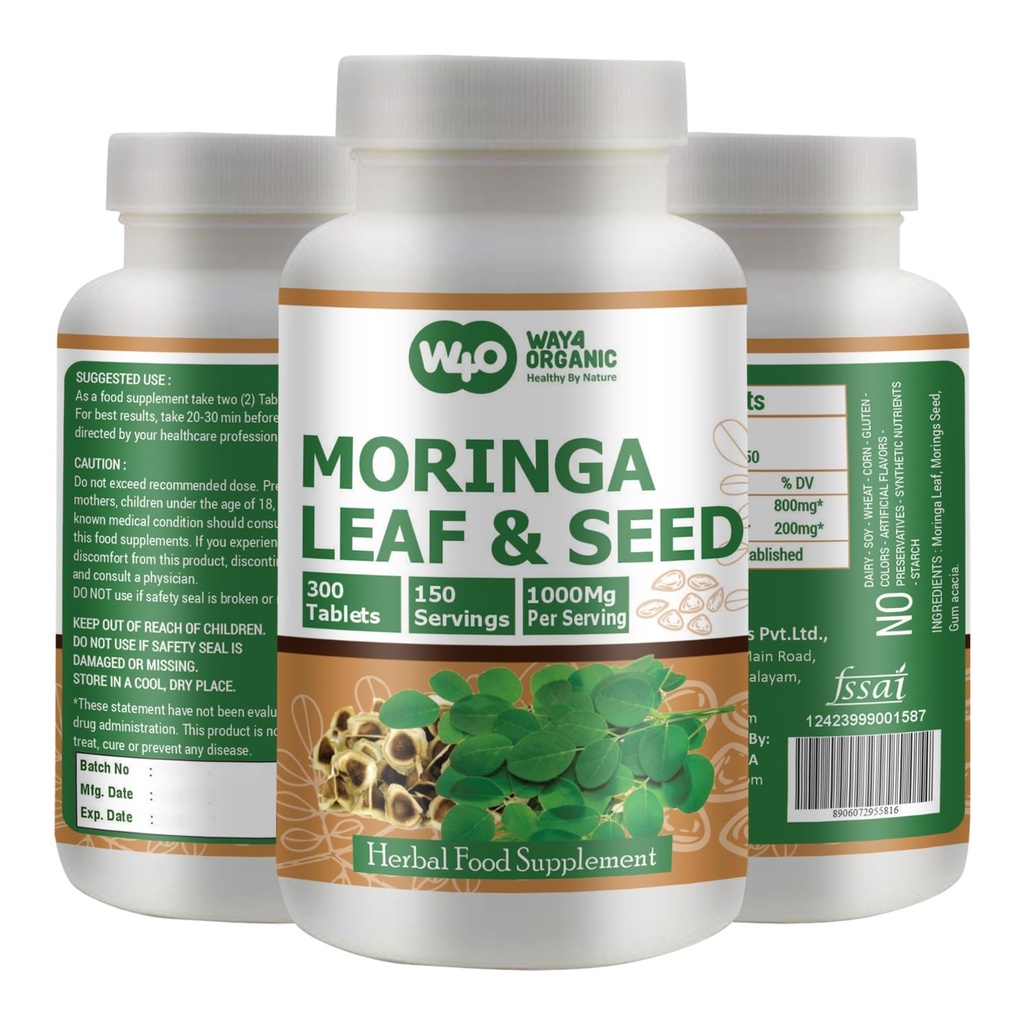Moringa Oleifera Feuille et poudre de graines (80:20) Ratio 300 Pills(Tablettes), 150 portions, 1000 mg. Supplément à base de plantes malunggay non enrobées, sans revêtement chimique, Superfood vert. Boîte de 1.