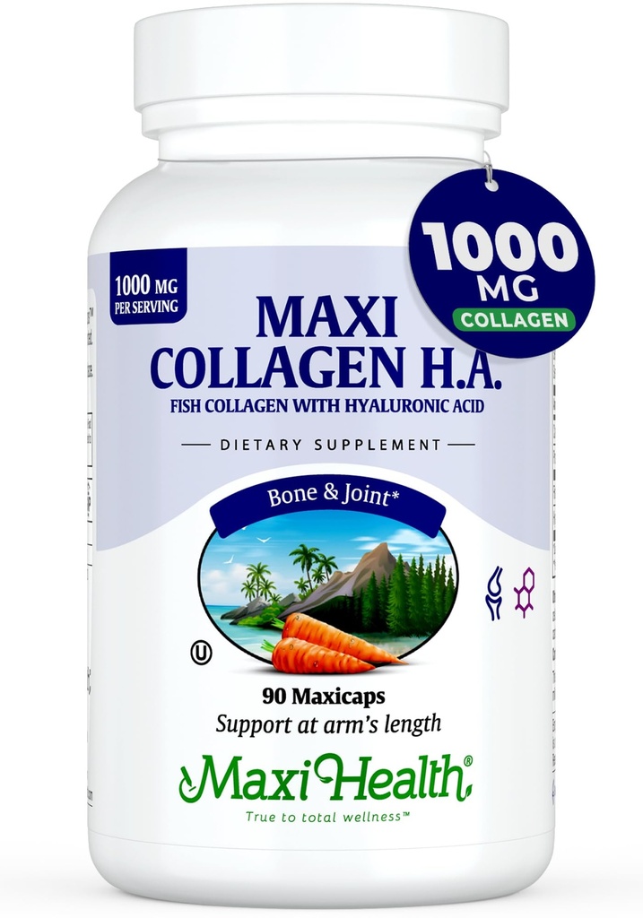 Pilules de collagène marin Maxi Health – 1000 mg de collagène de type 1 pour les femmes et les hommes avec supplément d'acide hyaluronique pour le soutien articulaire et cutané – Capsules casher propres et non aromatisées (90 Maxicaps)