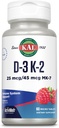 KAL Vitamine D3 K2 ActivMelt, Bone Health, Coeur et Immunissance Supplément de soutien avec D3 1000 UI et MK7 Vitamine K2, Tabs dissolvants instantanés, Saveur de framboise naturelle, 60 portions, 60 micro comprimés