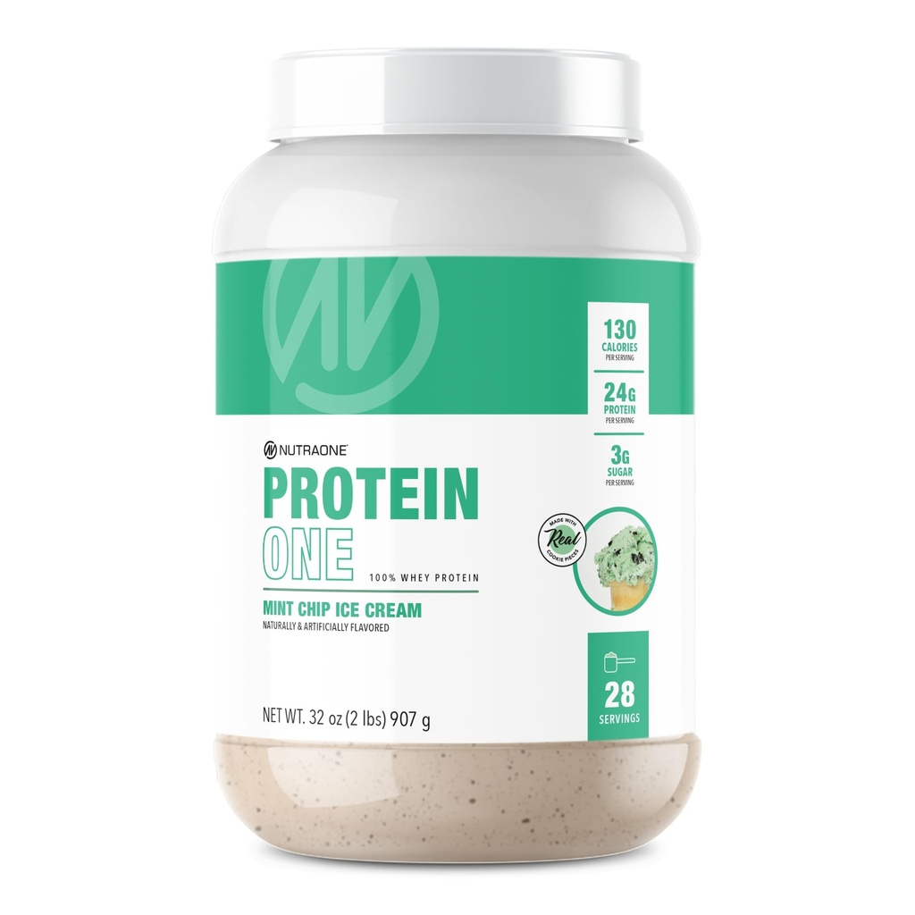 NutraOne ProteinOne Whey Protein Promote Recovery and Build Muscle with a Protein Shake Powder for Men & Women (Mint Chip Ice Cream, 2 LB)