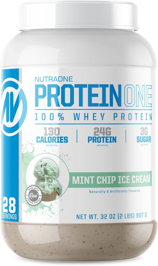 NutraOne ProteinOne Whey Protein favorise la récupération et construire un muscle avec une poudre à agiter de protéines pour les hommes et les femmes (crème glacée à croustilles de menthe, 2 LB)