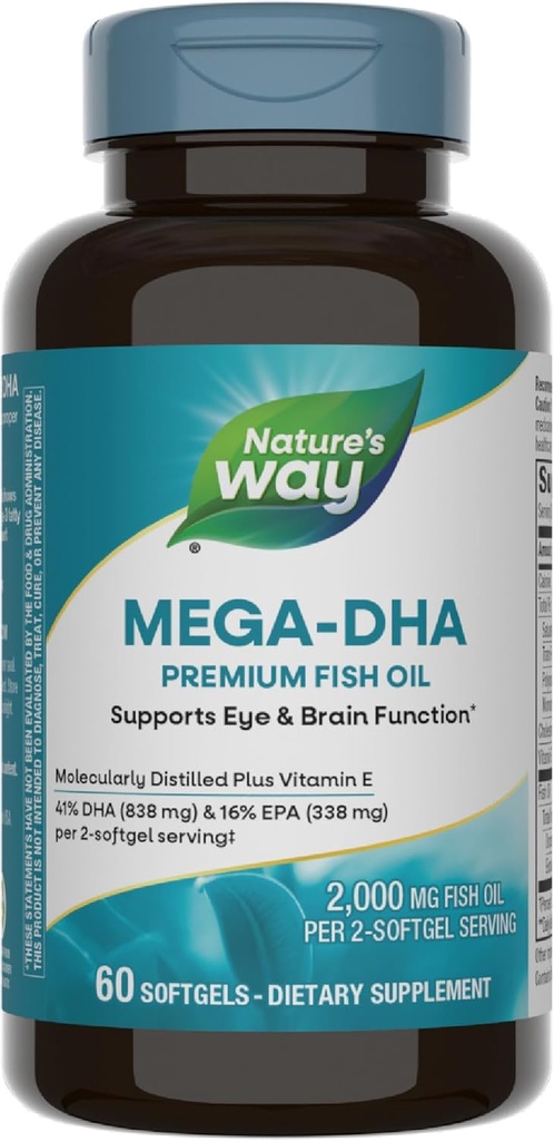 Nature's Way Mega-DHA Premium Huile de poisson, soutient la fonction des yeux et du cerveau*, Oméga-3, 2 000 Huile de poisson mg par 2-Softgel, 60 Softgels (paquetage mai Vary)