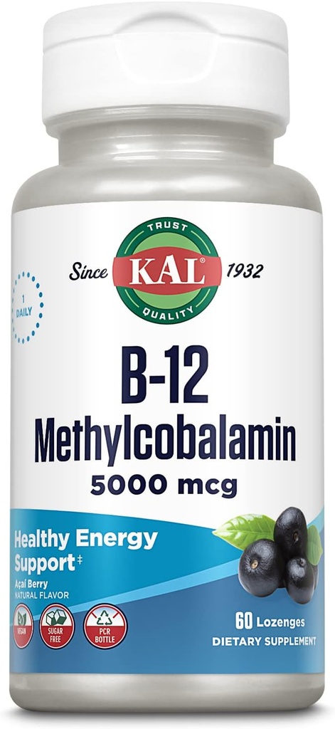 KAL Vitamine B-12 méthylcobalamine Lozenges 5000mcg, Énergie saine, Métabolisme, Nerve et soutien des cellules du sang rouge,* Absorption optimale, açai naturel, végétalien, sans sucre, 60 portions, 60 lozenges