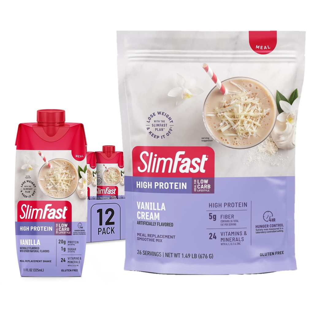 SlimFast High Protein Vanilla Bundle - 12 Nombre de substituts de repas à haute teneur en protéines de vanille agite (20g de protéines) avec 26 portions de mélange de poudre à haute teneur en protéines de vanille (20g de protéines)
