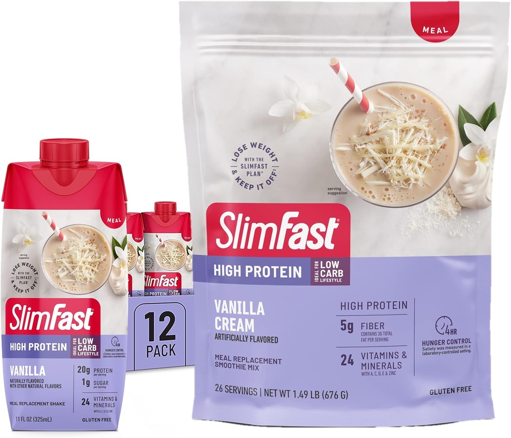 SlimFast High Protein Vanilla Bundle- 12 Count of Vanilla High Protein Meal Replacement Shakes (20g Protein) with 26 Servings of Vanilla High Protein Powder Mix (20g Protein)