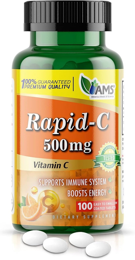 Supplément America Medic & Science Rapid-C 500mg - Vitamine C pour stimuler l'énergie, système immunitaire, anti-oxydant