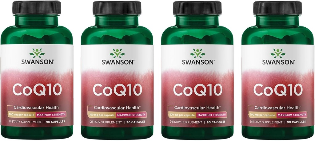 Swanson CoQ10 Énergie cérébrale cardiovasculaire et santé cardiaque Supplément antioxydant 200 mg 90 Capsules (4 Pack)