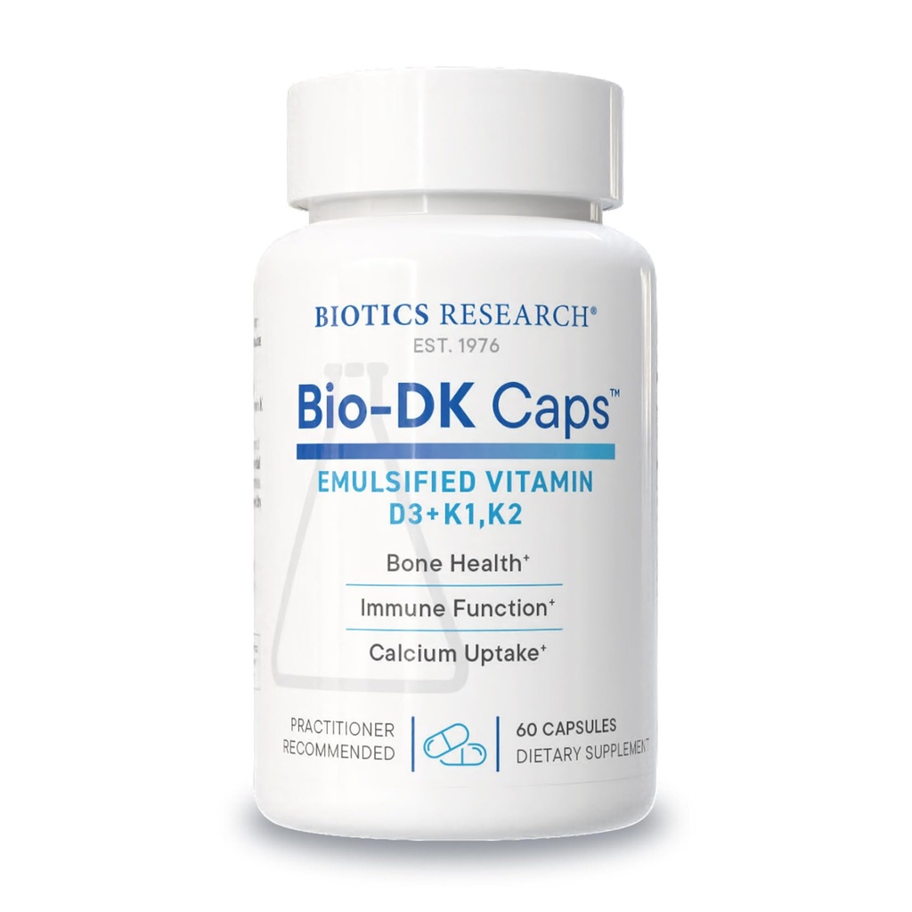 BIOTICS RESEARCH Bio-DK Caps™–Emulsified Vitamin D and K, Vitamin D3 125 mcg & Vitamin K (k1,k2) 550 mcg- MK7– Vitamin D3 K2 K1, Stronger Bones, Musculoskeletal Strength, Healthy Heart & BMI 60 Caps