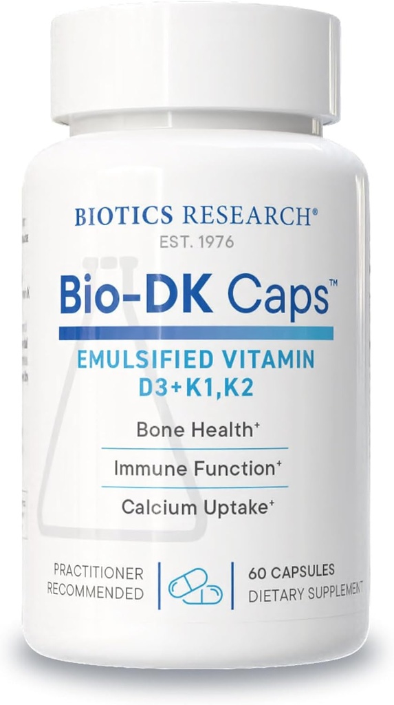 Recherche en biotique Caps bio-DKMC–Vitamines émulsifiées D et K, Vitamine D3 125 mcg et Vitamine K (k1,k2) 550 mcg- MK7– Vitamine D3 K2 K1, Os plus forts, force musculosquelettique, coeur en santé et IMC 60 Caps