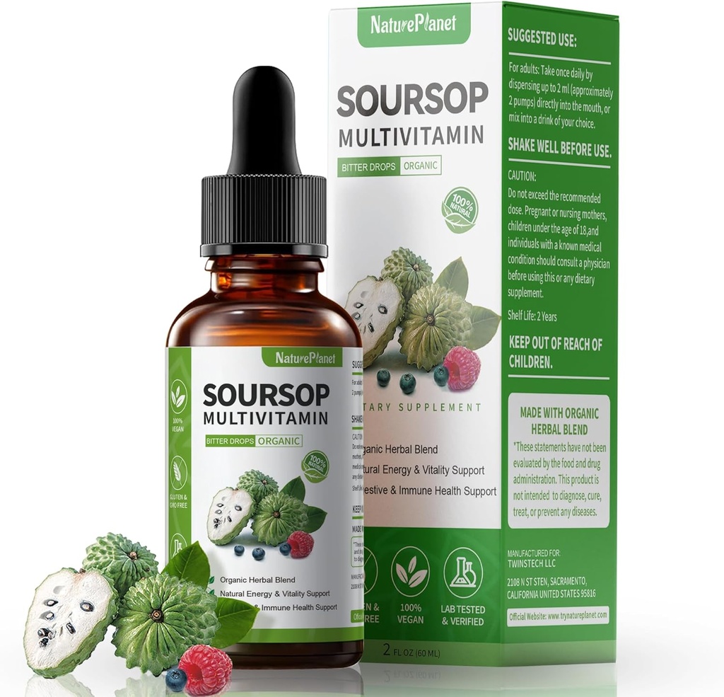 Graviola Soursop Bitters gouttes liquides avec vitamine C, D3, B6, 5000mg Soursop Extrait de fruits et de feuilles + 10 Bitters Botaniques pour Imune Soutien Digestion santé Boost antioxydants