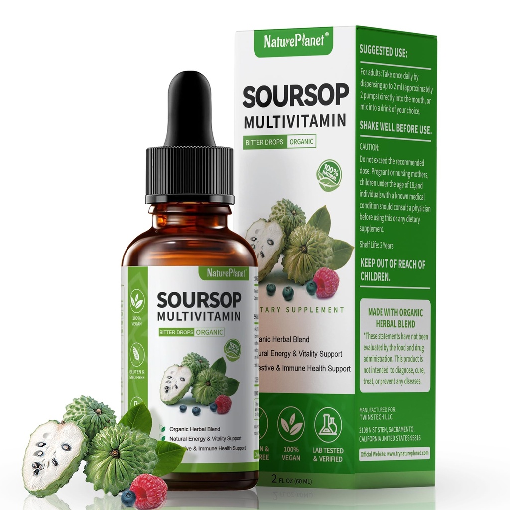 NaturePlanet Graviola Soursop Bitters Liquid Drops, 5000mg Soursop Fruit & Leaf Extract + 10 Bitters Botanicals for Immune Support Digestive Health Antioxidant Boost丨 Vegan