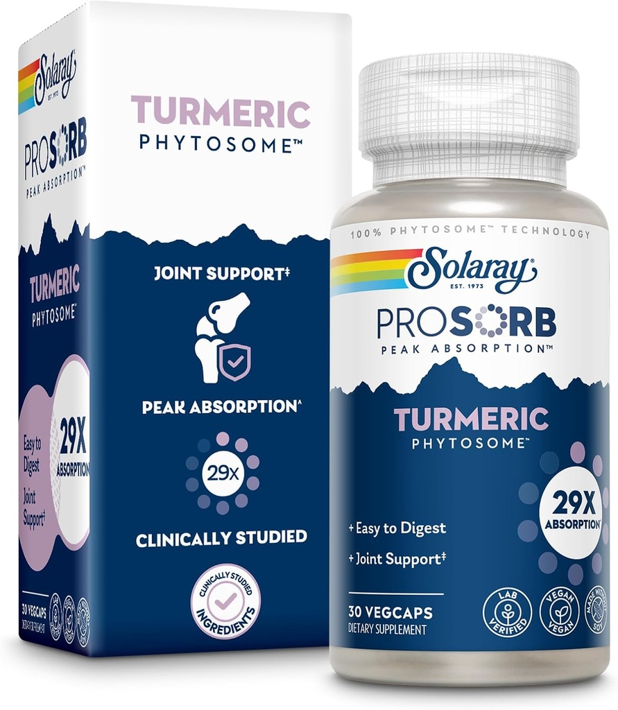 SOLARAY ProSorb Supplément curcuma Phytosome 500 mg - 29X Supplément curcuma curcuma à absorption élevée pour le soutien de santé conjoint - Curcumine facile à digérer, végétalien, garantie de 60 jours, 30 portions, 30 capsules