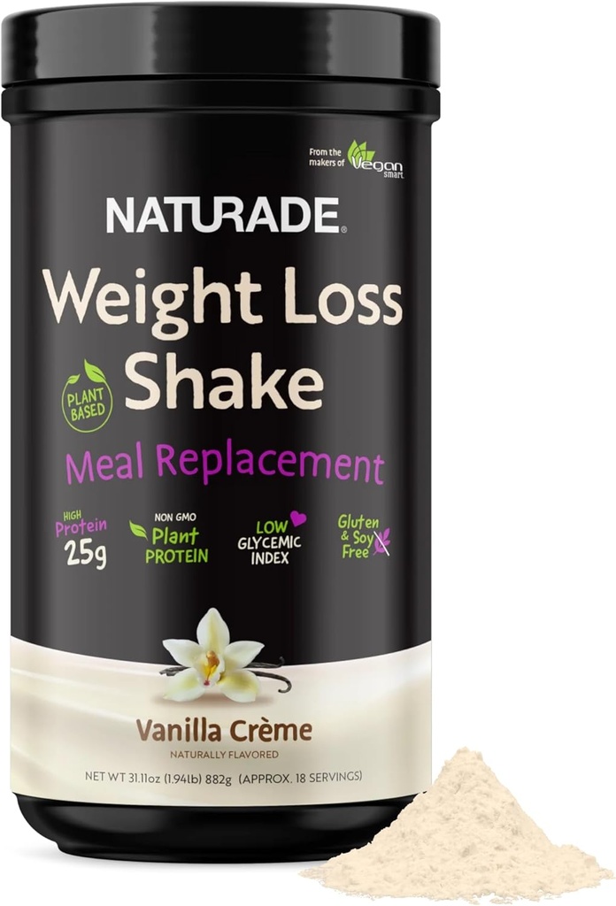 Naturade Weight Loss Shake Meal Replacement, 18 portions - 25g de protéines végétales, CLA, fibre et 18 vitamines et minéraux conçus pour freiner les crampes et stimuler la nutrition quotidienne - Vanilla Creme