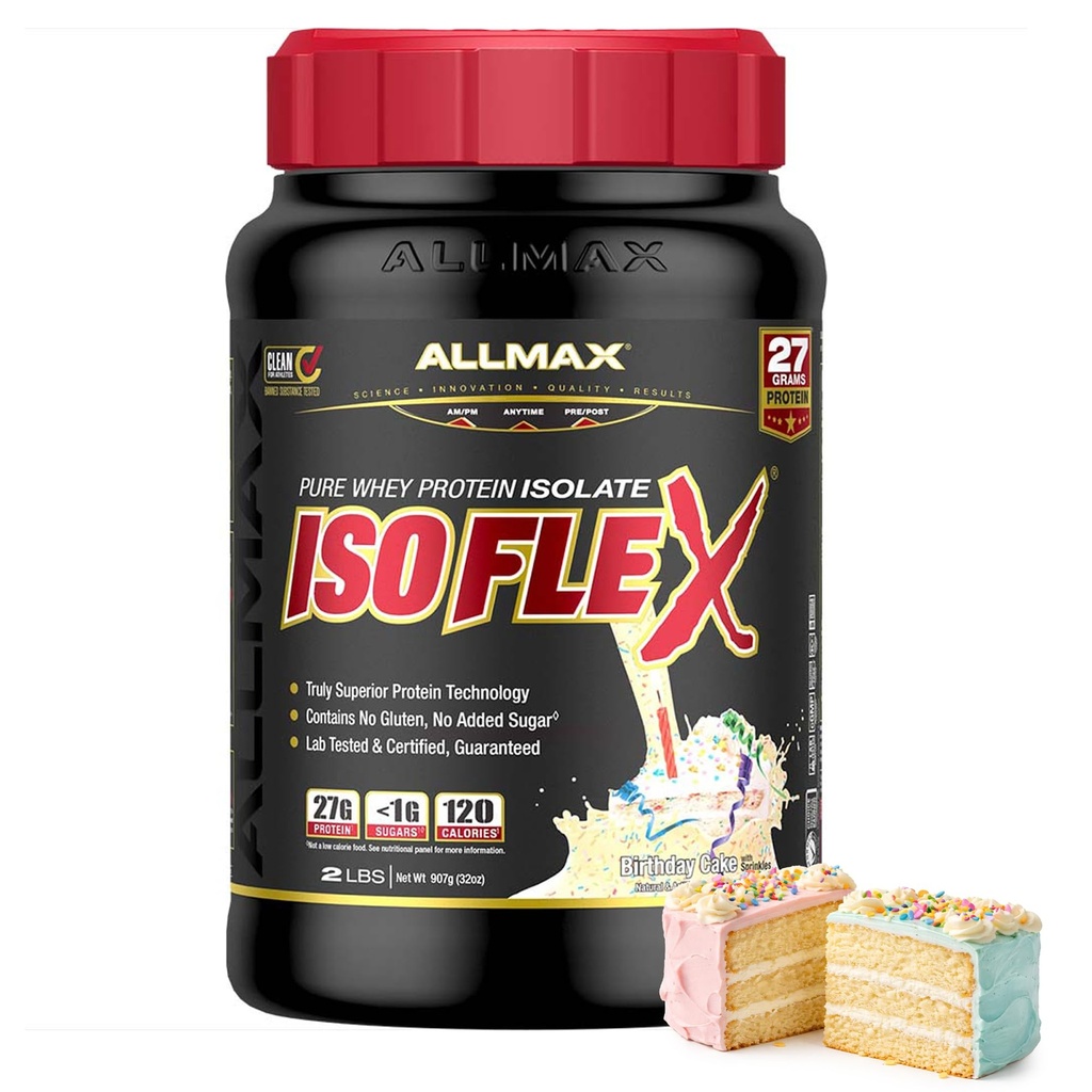 AllMAX Nutrition - ISOFLEX Poudre de protéines de lactosérum, Isolation de protéines de lactosérum, 27g de protéines, gâteau d'anniversaire, 2 livres