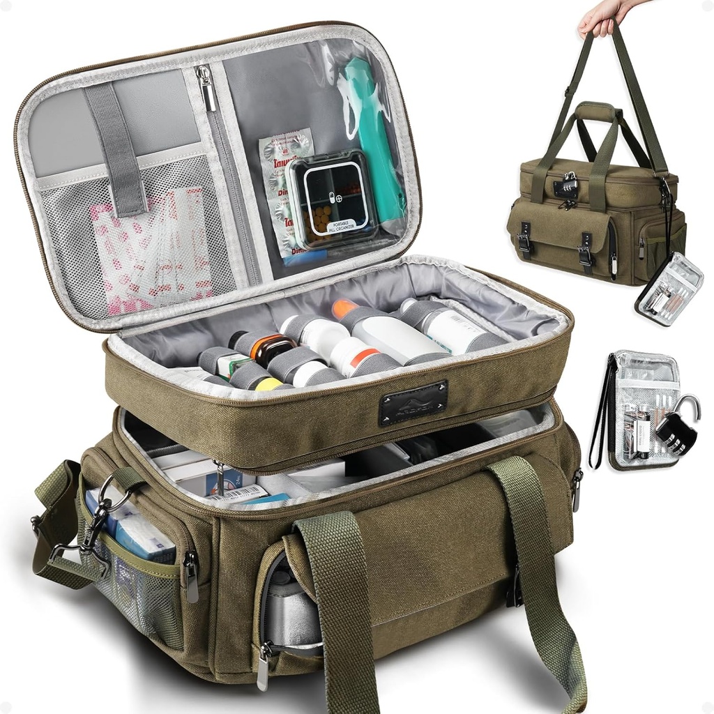 ARCFOX Sac de rangement en médecine avec serrure, Vintage Canvas Grande Pillet Organisateur de bouteille pour les hommes, Double couche de rangement de médicaments avec poignées portatives de poche d'épaule, Army Green