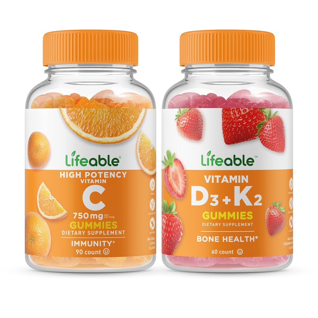 Vitamine vivante C 750mg + Vitamine D3 + Vitamine K2, Gommies - Grande dégustation, supplément de vitamine, sans gluten, sans OGM, gommy à croquer