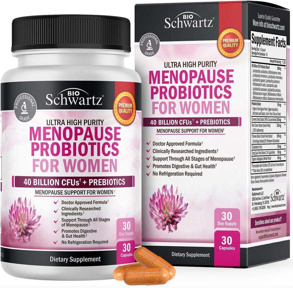 Suppléments à la ménopause pour les femmes - 40 milliards CFU Probiotiques à la ménopause pour les femmes - Soutien pour les éclairs chauds Sueurs de nuit Swings et équilibre - Non-OGM, 30 Capsules Easy-Swallow, 30 portions