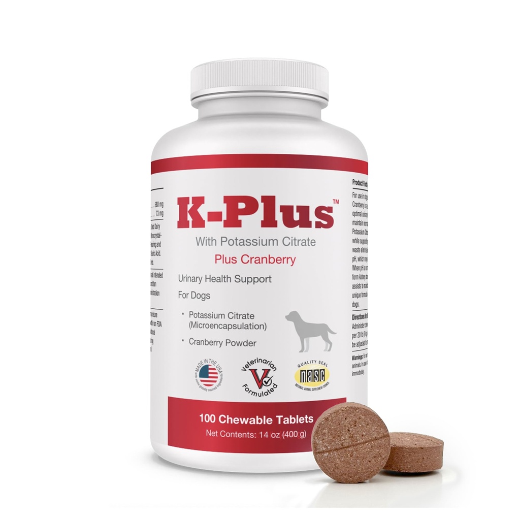 K-Plus Potassium Citrate Plus Cranberry Supplement for Dogs - UTI Remedy Chewable Tablets - Supports Bladder Health - For Every Dog Breed (100 Tabs)