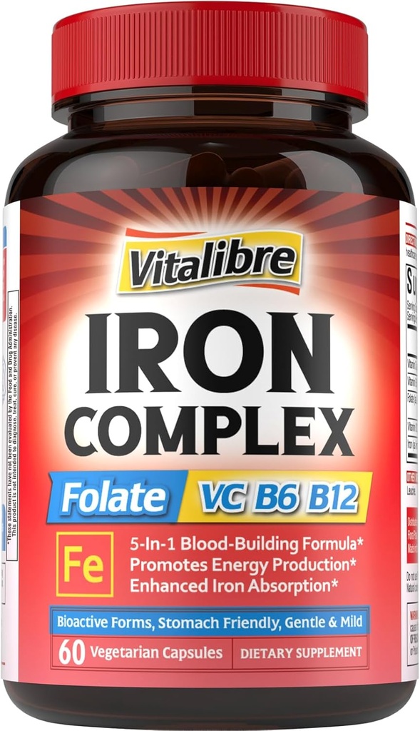 Iron Supplement for Women & Men, with Vitamins C, B6, B12 & Folate for Iron Deficiency, Blood Building & Energy Support, Stomach Friendly, Better Absorption, Non-GMO, No Gluten, 60 Vegan Caps