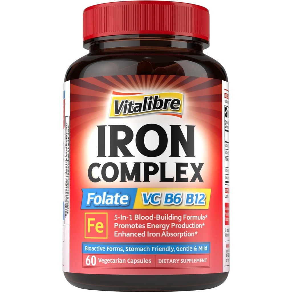 Supplément en fer pour les femmes et les hommes, avec des vitamines C, B6, B12 & Folate pour la carence en fer, Blood Building & Energy Support, Stomach Friendly, Better Absorption, Non-OGM, Pas de gluten, 60 bouchons végétaliens