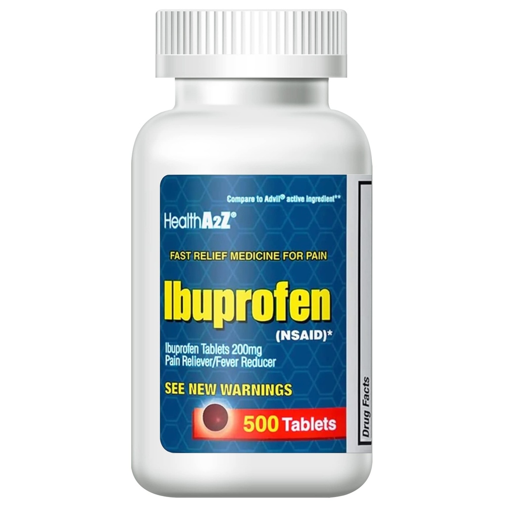 HealthA2Z® Ibuprofène 200mg de 500 Nombres de personnes Relief de la douleur Souffle corporelle Souffle de la tête Arthrite Souffle Crampes Dos Douleur Réducteur de la fièvre (500 Nombre)