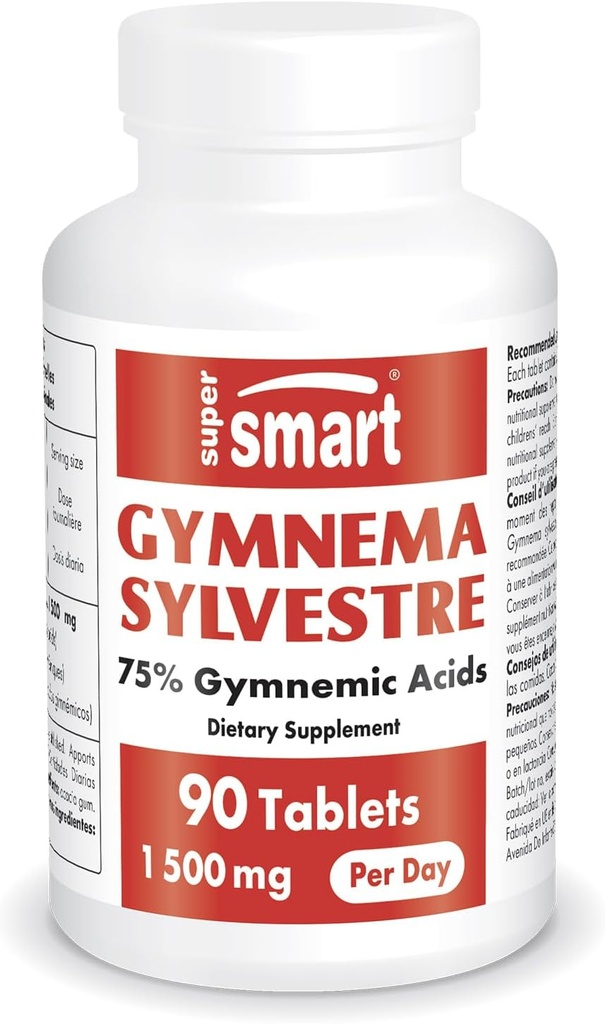 Supersmart - Gymnema Sylvestre 1500 mg par jour (forte résistance) - Supplément d'acides gymnémiques à 75 % (sans OGM et sans gluten) - 90 comprimés