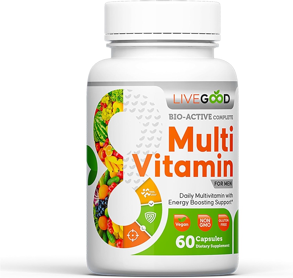 Multivitamine complète bio-active pour hommes LiveGoodTM, supplément quotidien avec vitamine A, B12, C, E, lycopène, végan, 60 capsules