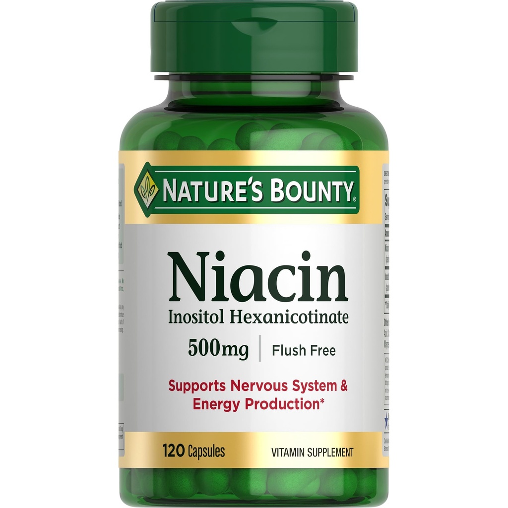 Nature's Bounty Niacin 500mg sans flush, support d'énergie cellulaire, soutient la santé du système nerveux, 120 capsules