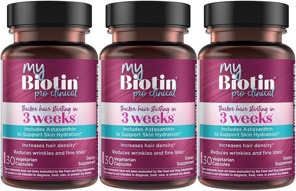 Produits de pureté MyBiotin ProClinical – Cheveux plus épais à partir de 3 semaines et combat rides - MB40X Biotine brevetée Vitamine B7 Matrix w/Astaxanthine - 40X Plus Soluble vs Biotine ordinaire, 90 Capsules de Veg