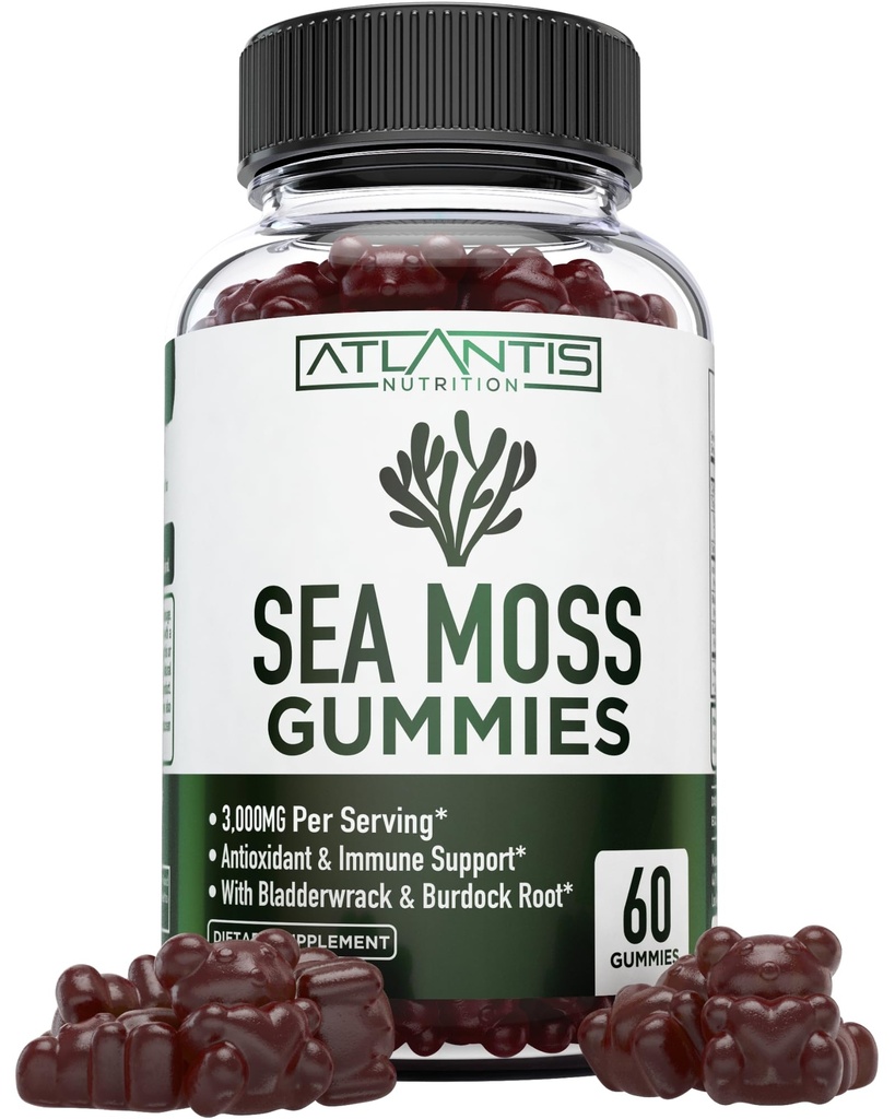 Gommies de mousse de mer d'Irlande - 3000MG - Formuled w/ Gummes de mousse de mer d'Irlande, bladderwrack et racine de dard, contenant des vitamines et minéraux essentiels - Supplément antioxydant-rich, 60 Gummes de mousse de mer pour adultes