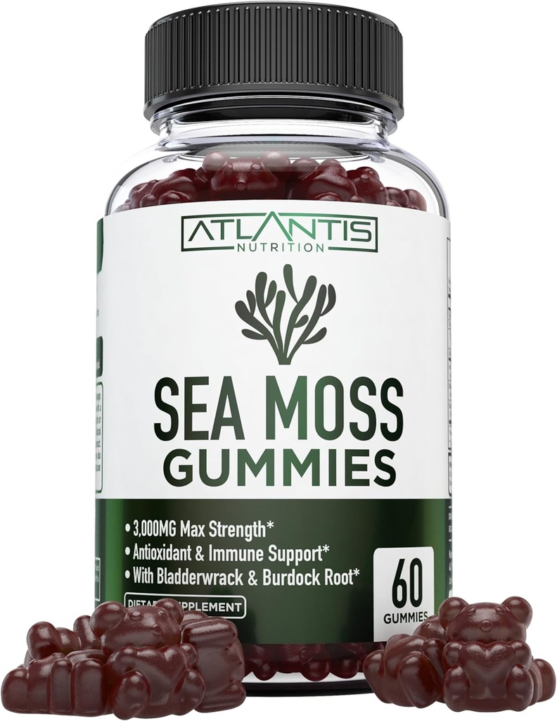Gommies de mousse de mer d'Irlande - 3000MG - Formuled w/ Gummes de mousse de mer d'Irlande, bladderwrack et racine de dard, contenant des vitamines et minéraux essentiels - Supplément antioxydant-rich, 60 Gummes de mousse de mer pour adultes