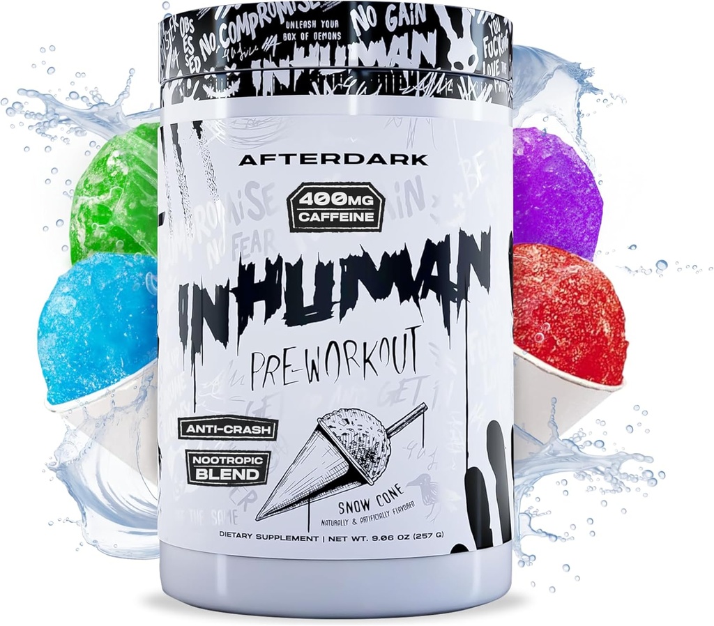AFTERDARK INHUMAN Pre-Workout Powder, Enhanced Mind-Muscle Connection, Sustained Energy, Potent Nootropic Blend, Vegan, Gluten-Free, Soy-Free, 400mg Caffeine, No Crash, SnowCone
