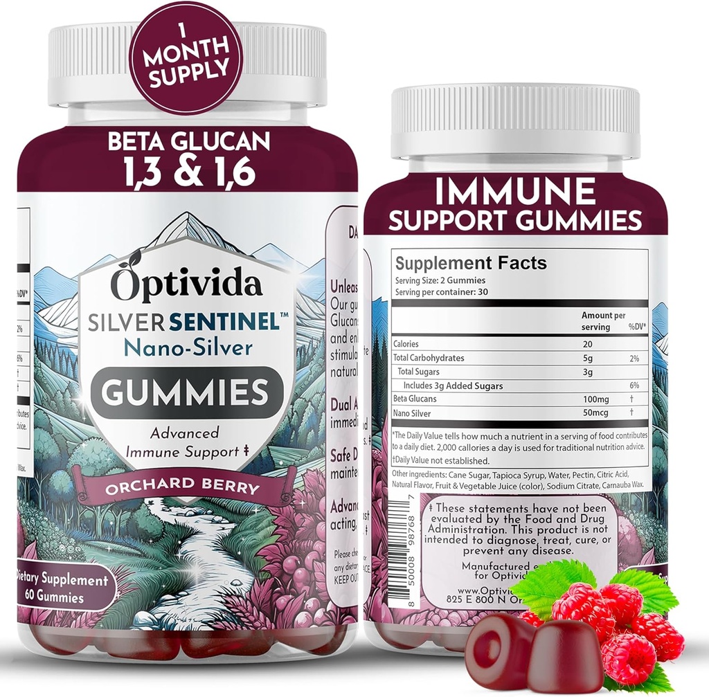 Optivida Nano Silver Immune Support Gummies (60 Comte) – Beta Glucan Suppléments pour le soutien quotidien immunitaire, Orchard Berry Flavor pour la santé immunitaire, Colloïdal Silver Supplément avec Beta Glucan 100