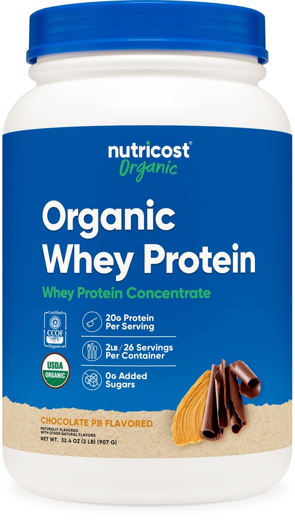 Nutricost concentré de protéines de lactosérum biologique, saveur de beurre d'arachide au chocolat, (2LBS) - sans gluten, sans OGM