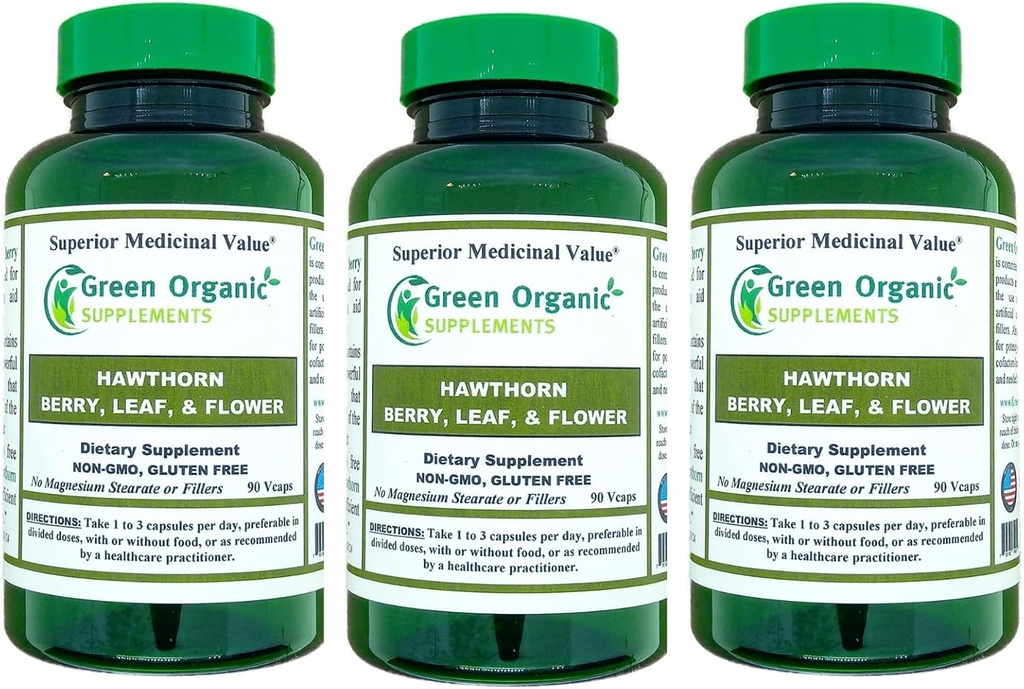 Suppléments bio verts Hawthorn Berry Capsules, Feuille, Fleur, Hawthorn Suppléments Contient 90 Capsules, Herbes naturelles Hawthorn pour la santé cardiovasculaire et soins cardiaques naturels (Pack de 3)