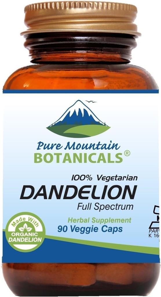 Pure Mountain Botanicals Capsules de racine de dandelion - Caché Vegan avec supplément de racine de dandelion biologique de 450mg