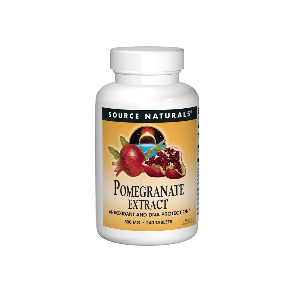 Source Naturals Extrait de grenade, antioxydant et ADN Santé*, 500 mg. Extrait de grenade de fruits végétariens Rendement 400 mg Acide ellagique et fibre alimentaire - 240 comprimés