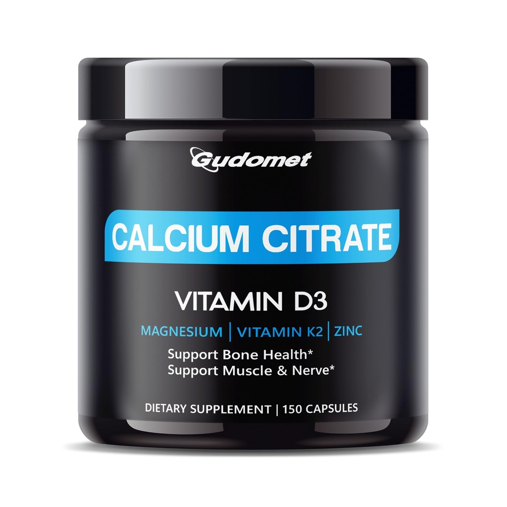 High-Absorption Calcium Citrate with Vitamin D3 & K2 - Supports Bone, Muscle & Nerve Health - 150 Capsules