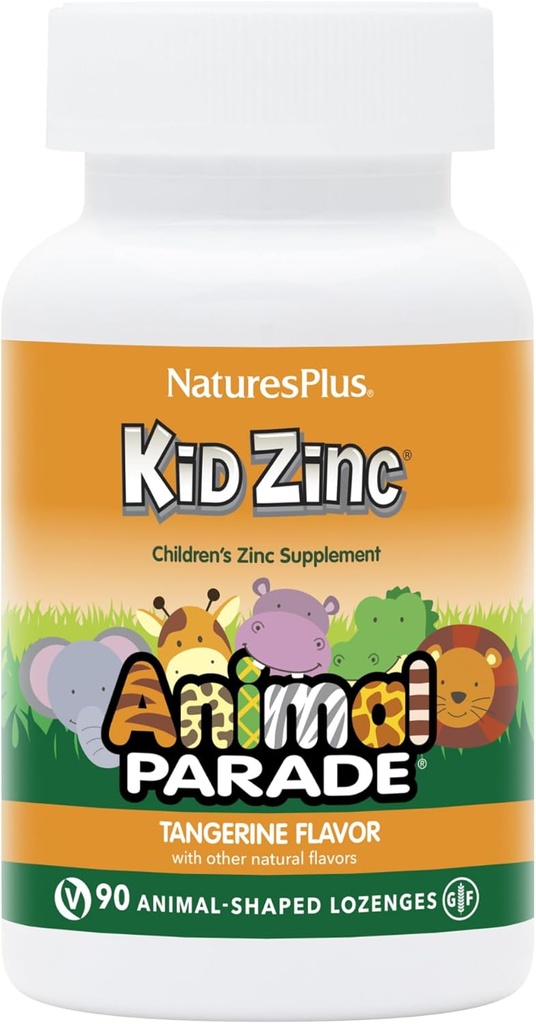 NaturesPlus Animal Parade KidZinc, Tangerine Flavor - 90 Lozanges en forme d'animal - Zinc chélaté biologique - Vegan, sans gluten - 90 portions