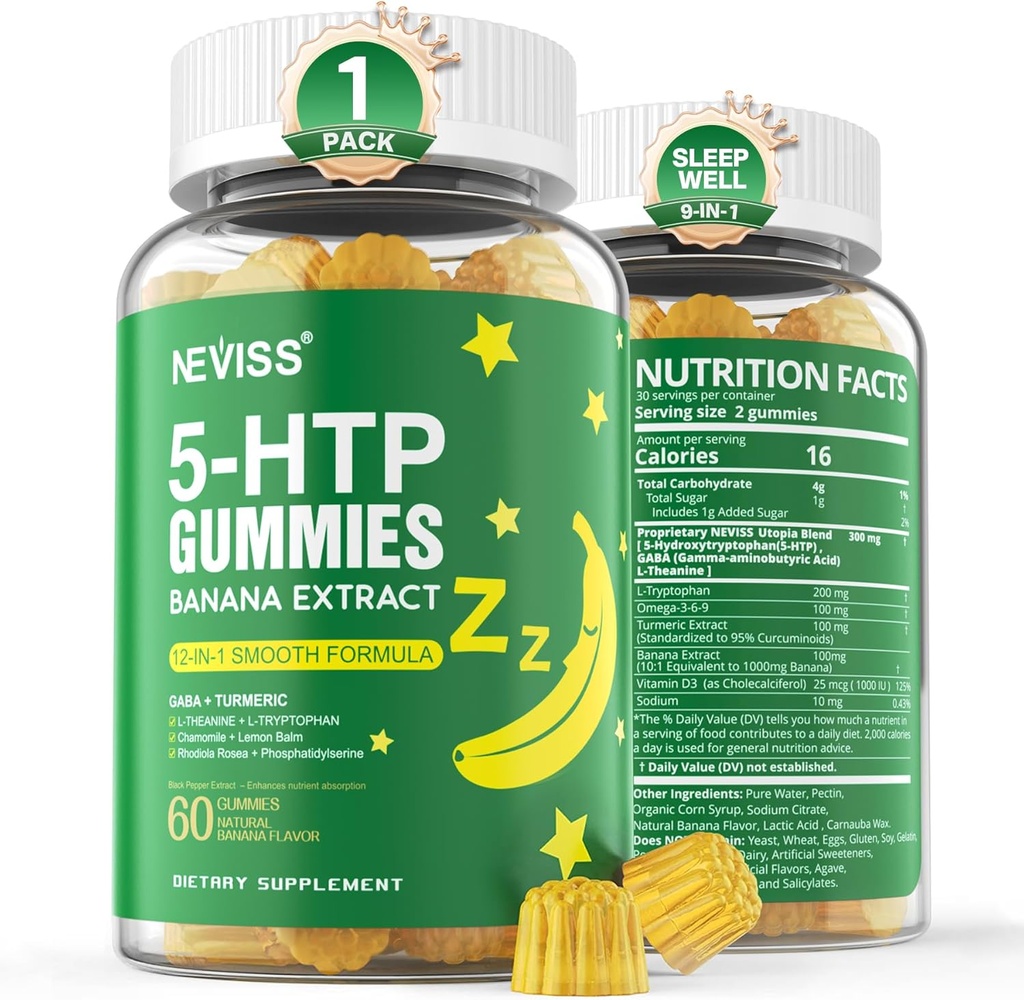 NEVISS 1Pack 5-HTP Gommies + GABA - Melatonine - Gommies de relaxation avec extrait de banane, L-Theanine, L-Tryptophane, Vitamine D3 pour le repos sain cycle et rythme circadien, fonction de drainage et relaxation musculaire