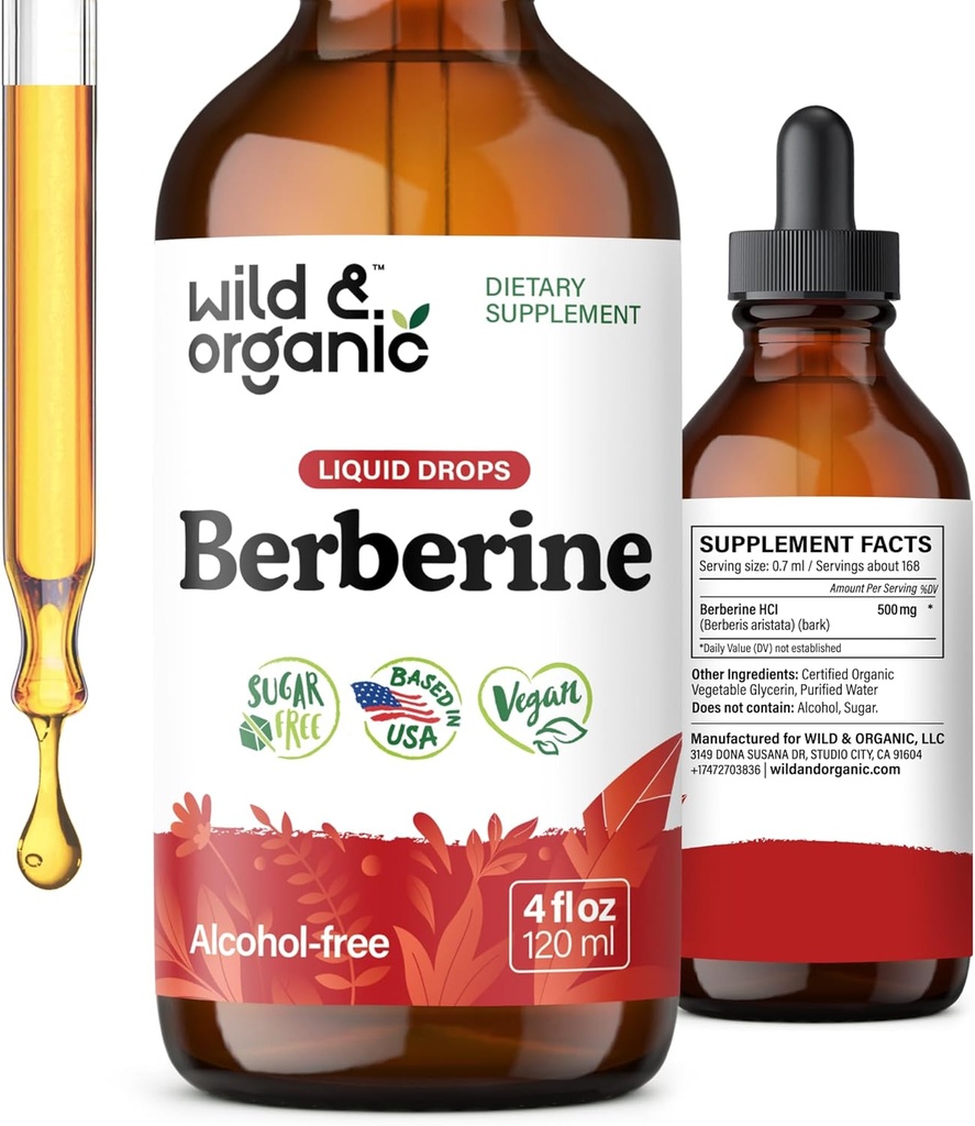Wild & Bio Berberine gouttes 500mg - Supplément Berberine liquide HCL pour le soutien global - Teinture d'extrait pur - végétalien, alcool et sans sucre - 4 fl oz