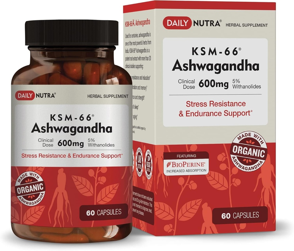 DailyNutra KSM-66 Ashwagandha 600mg Extrait de racine organique - supplément de puissance élevée avec 5% de Withanolides.
