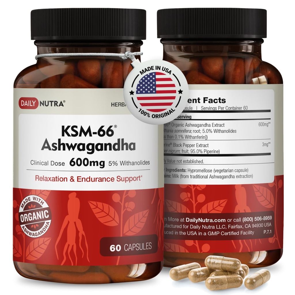 DailyNutra KSM-66 Ashwagandha 600mg Extrait de racine organique - supplément de puissance élevée avec 5% de Withanolides.