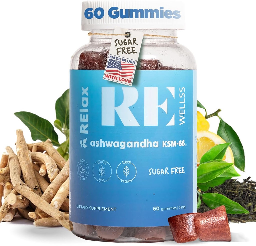 Ashwagandha & Vitamine D Gummies , Suppléments alimentaires KSM 66 Ashwagandha pour le calme Soutien 300mg , L-Theanine Lemon Baume , Natural Herbal Non-GMO sans sucre sans gluten Sans gélatine 1 Pack