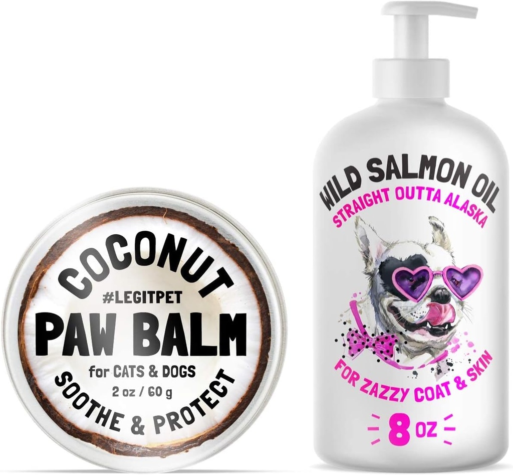LÉGITPET Pâte de chien Baume de cire Soeur et crème hydratante avec huile de noix de coco naturelle, beurre de karité biologique et cire d'abeille 2 oz et huile de saumon sauvage d'Alaska pour chiens et chats 8 oz