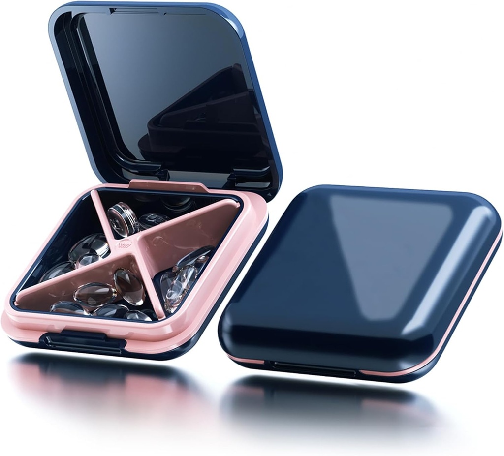 Petite boîte à pilules Étanche à l'eau Cas de pilules Portable Daily Pill Container Pill Holder Purse 4 Compartiments Pocket Compact Medicine Organizer for Vitamine,Pish Oils,Supplements,Medication (Blue)