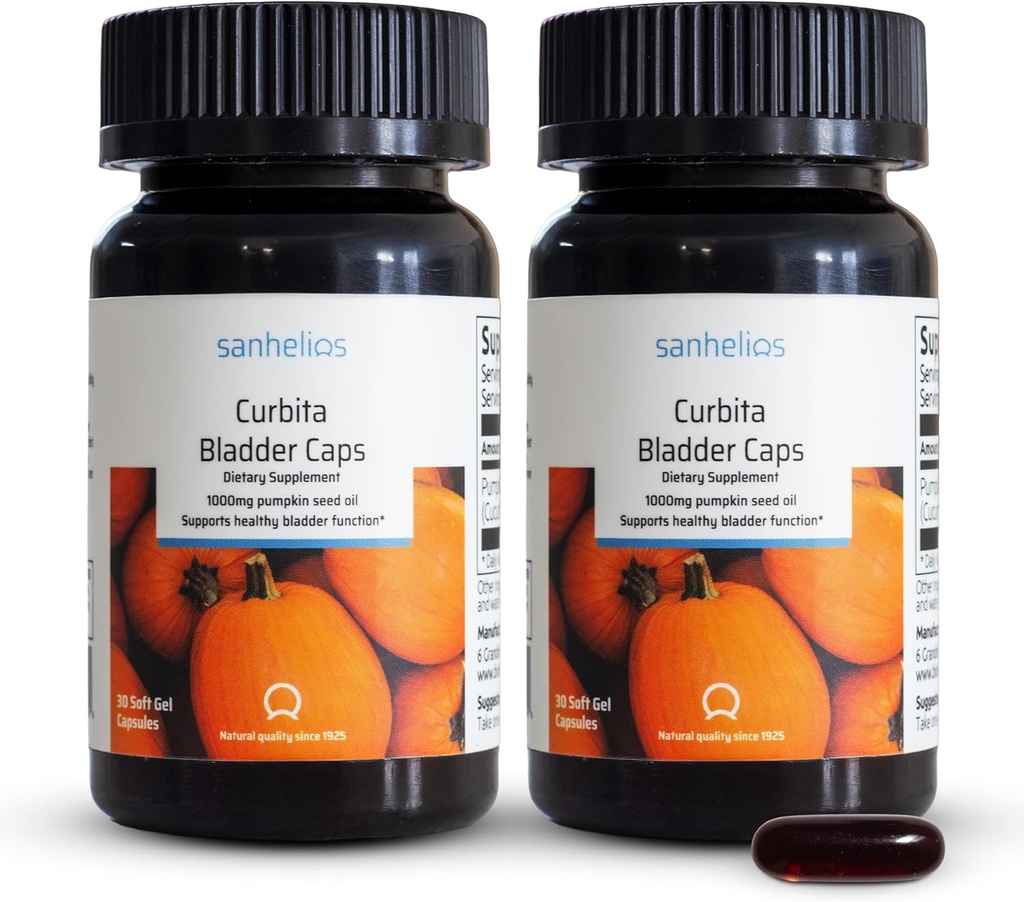 Sanhelios Curbita Bladder Caps Huile de graines de citrouille 1000mg - Supplément de soutien à la fonction saine pour les hommes et les femmes - Non-OGM, sans sucre, sans conservateur, sans gluten - 60 Capsules - 2 Pack